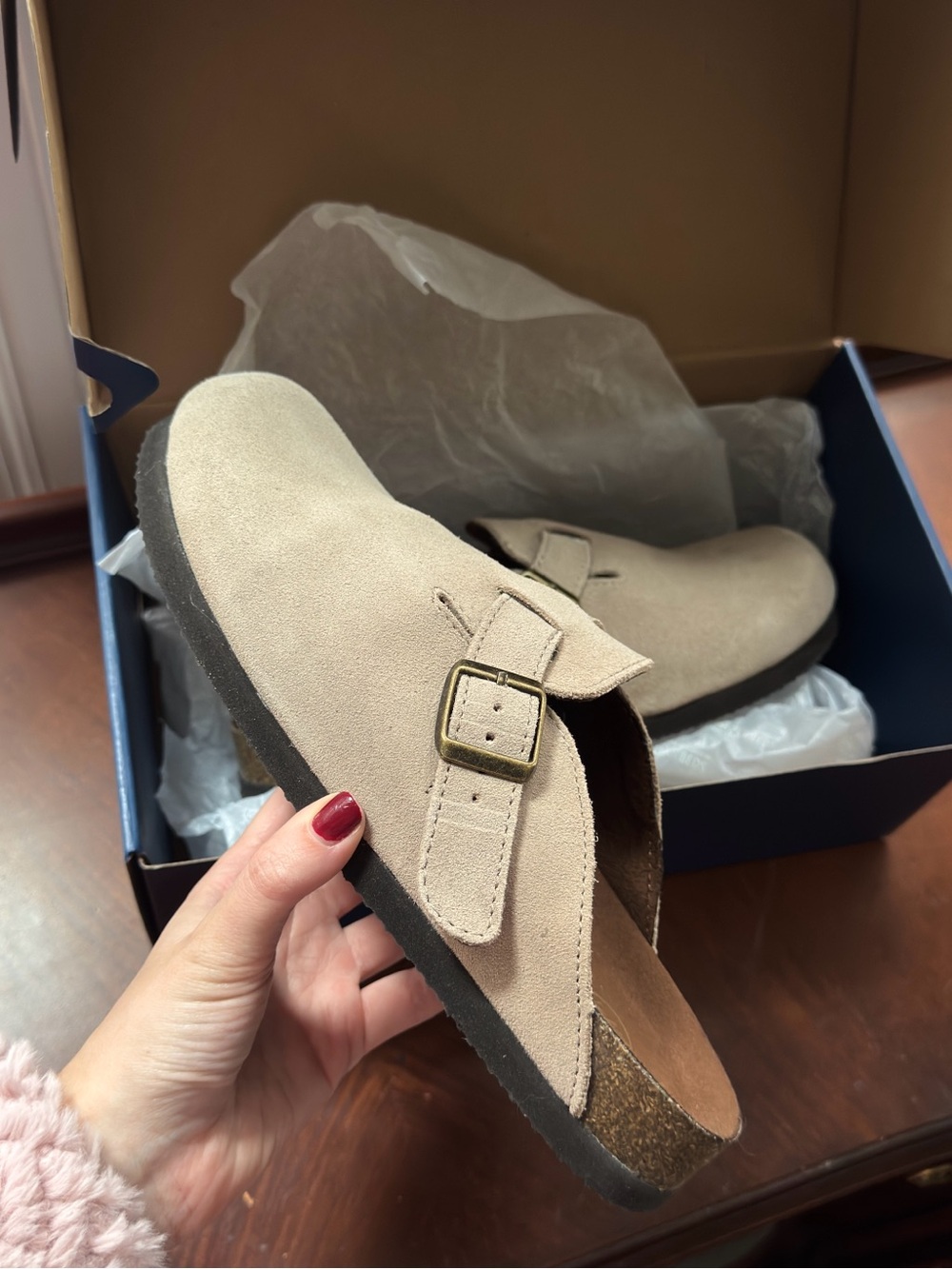 White Mountain Footbeds Bari Buckle Clogs in Taupe, women’s size 8